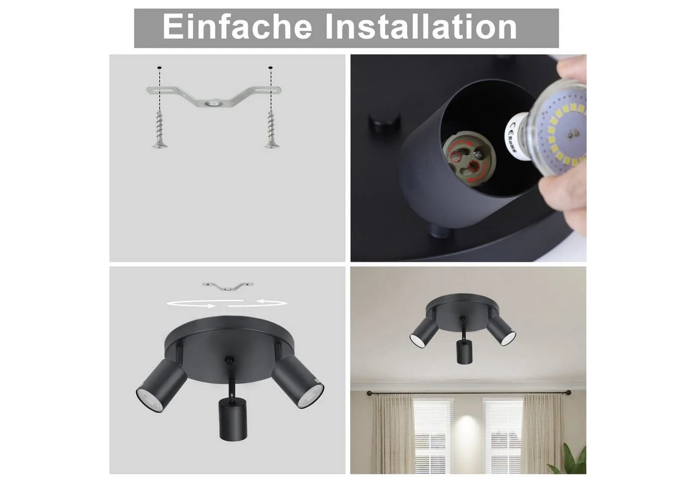 ZMH Deckenstrahler 3 Flammig Rund GU10 Schwenkbar 350° Spotleuchte Schwarz/Weiß - Bild 4