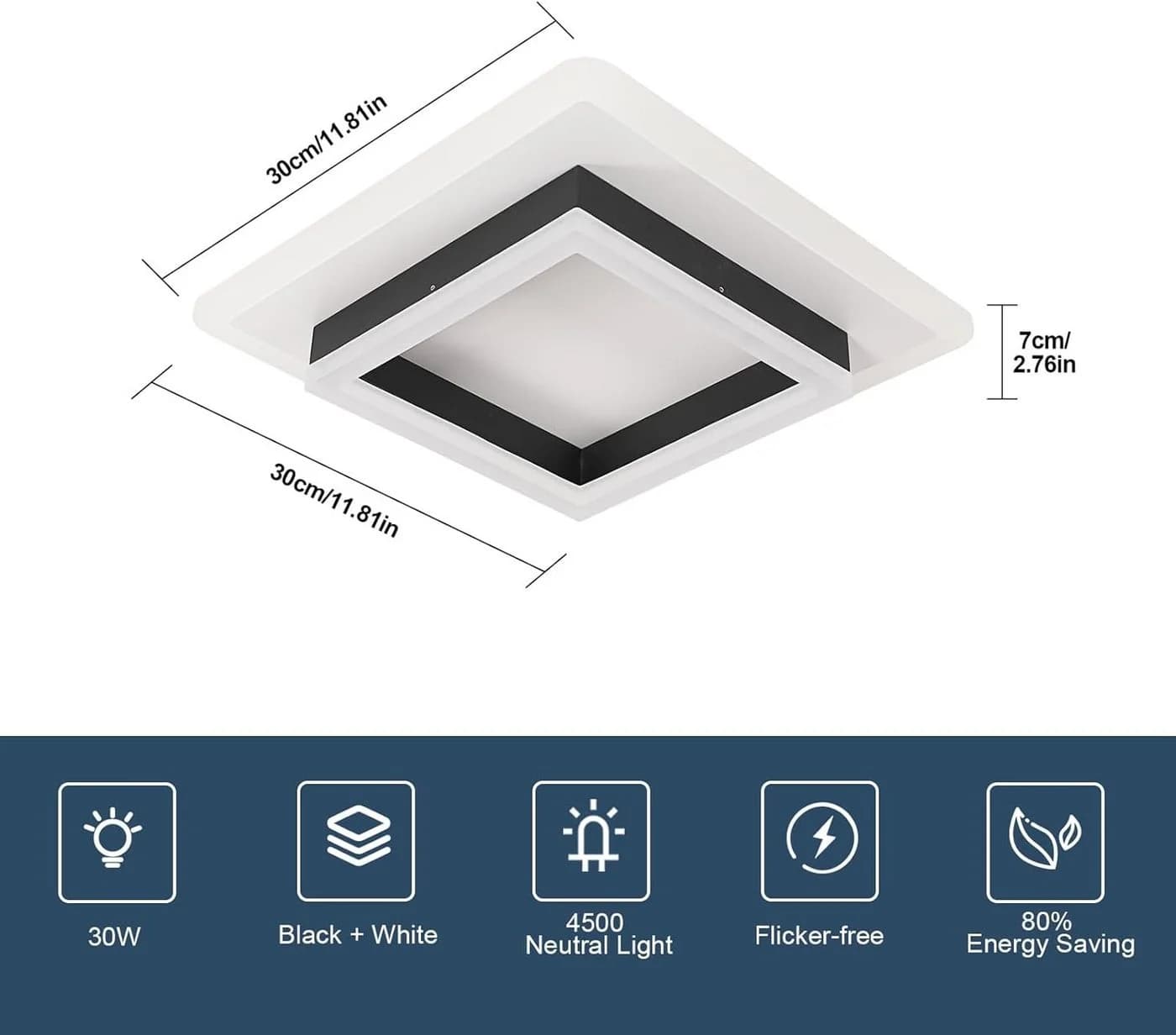 Riserva Moderne Quadratische LED Deckenleuchte Schwarz Weiß 30W Neutralweiß - Bild 3