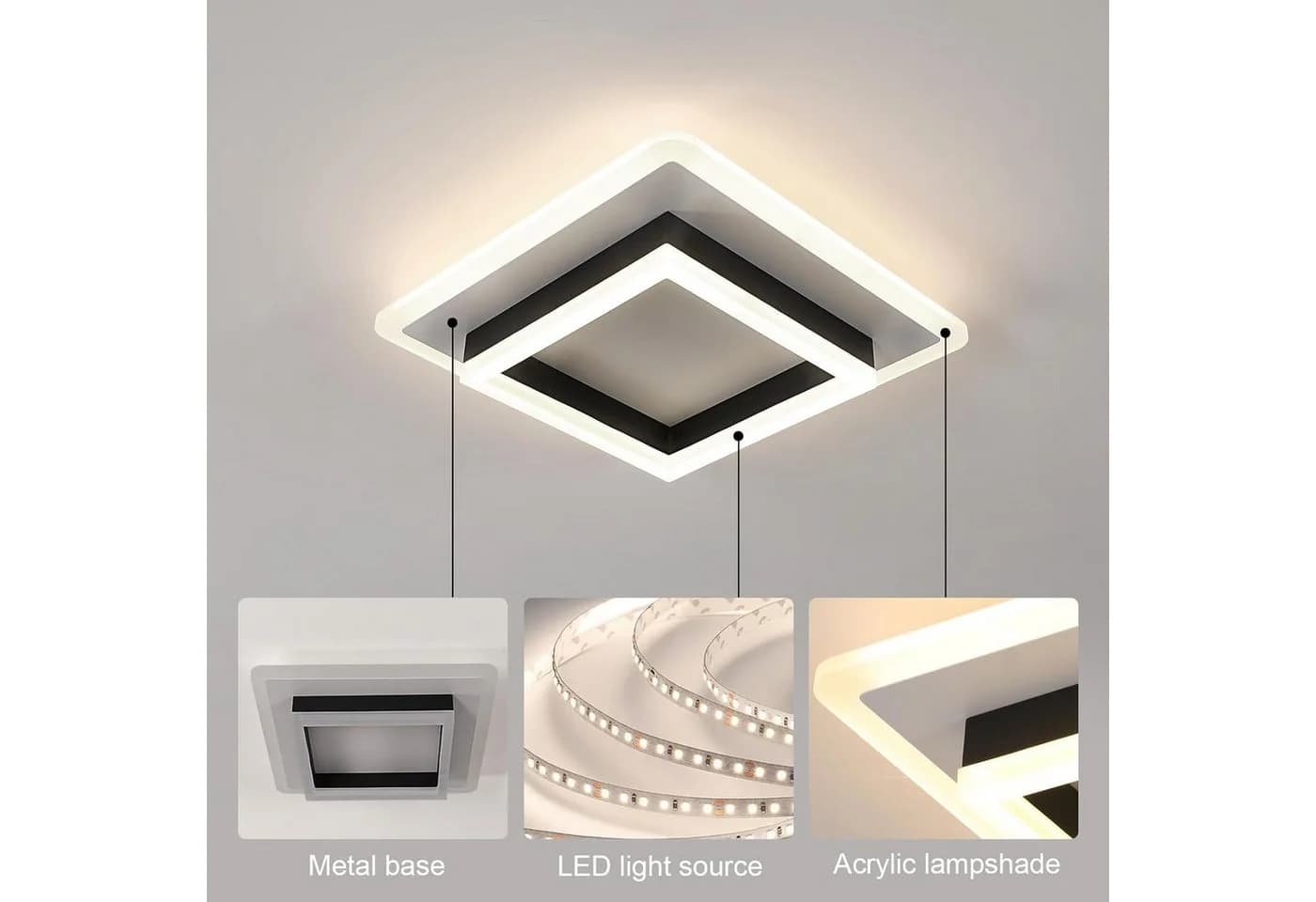 Riserva Moderne Quadratische LED Deckenleuchte Schwarz Weiß 30W Neutralweiß - Bild 4