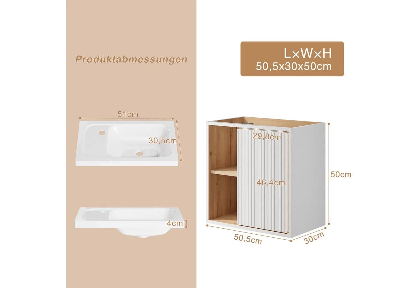 UEV Waschtisch 50,5 cm Komplett-Set mit Harzbecken Wasserhahn Pop-up-Ablassventil - Bild 4