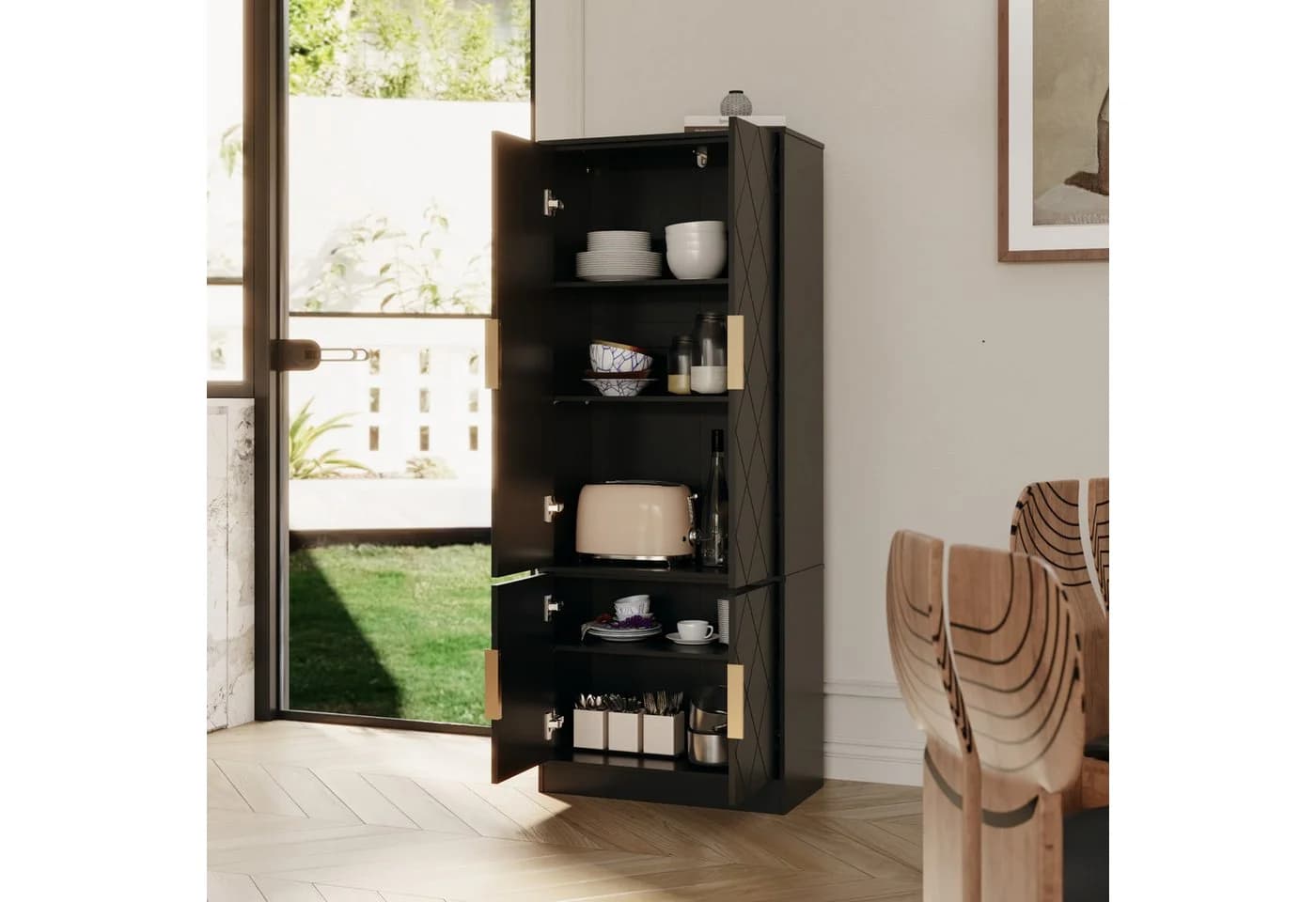 UEV Hochschrank 4 Türen Weiß/Schwarz Gold Metallgriffe