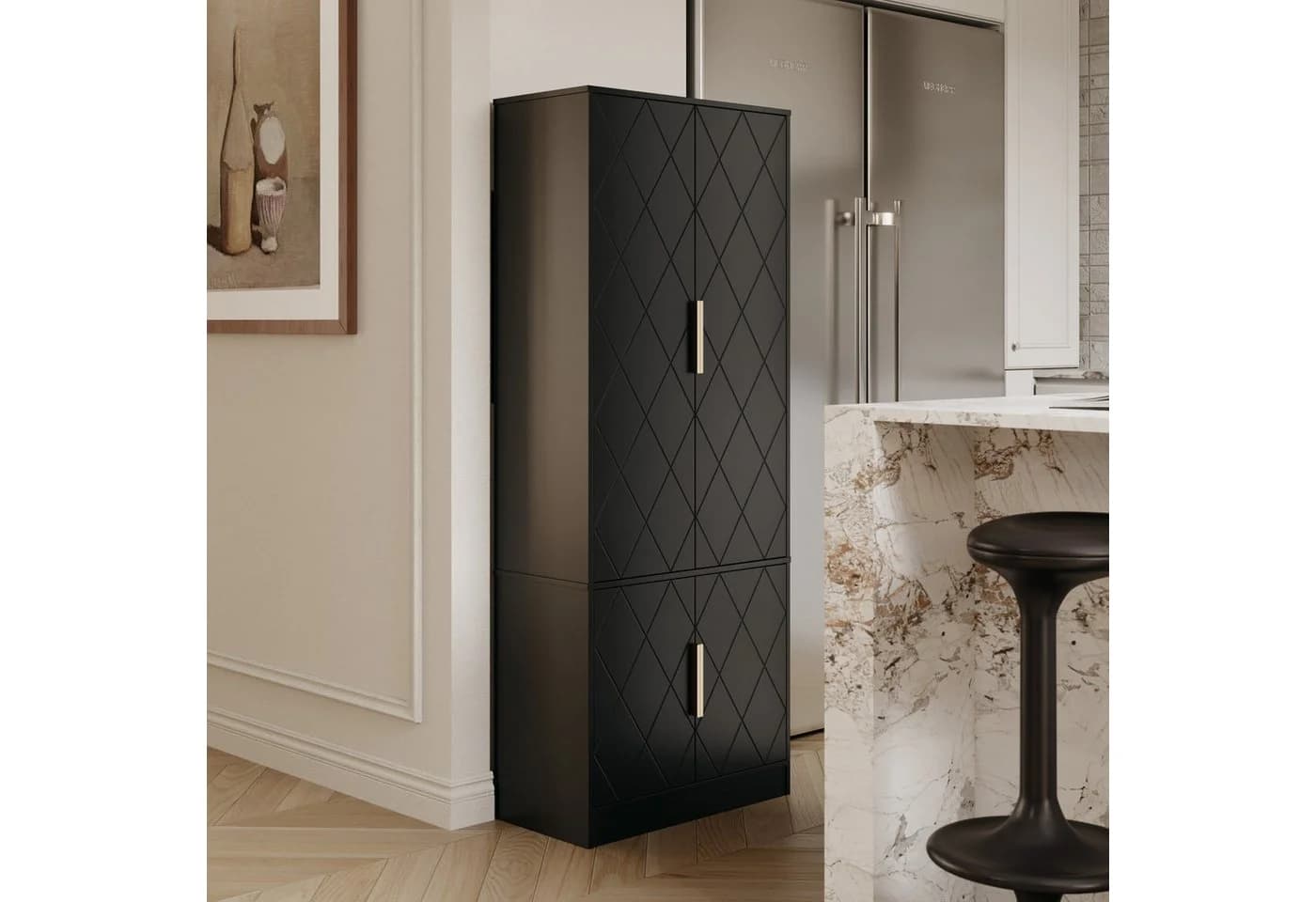 UEV Hochschrank 4 Türen Weiß/Schwarz Gold Metallgriffe - Bild 3