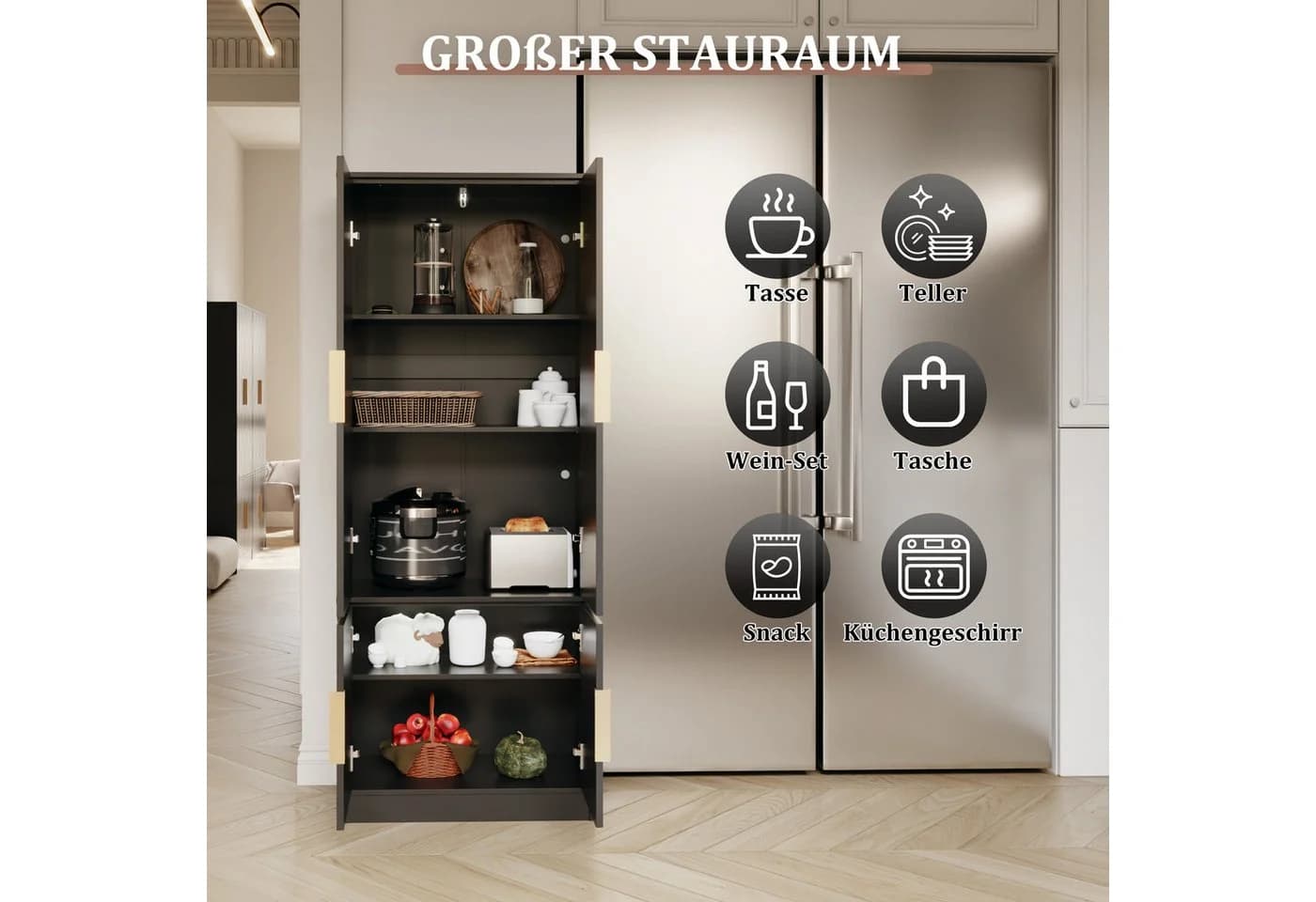 UEV Hochschrank 4 Türen Weiß/Schwarz Gold Metallgriffe - Bild 4