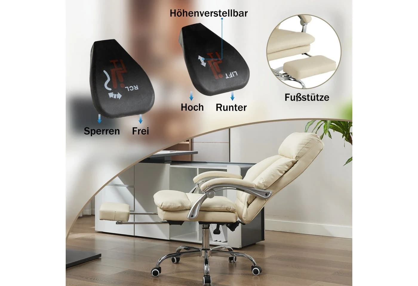UEV Bürostuhl Ergonomisch mit Fußstütze Schwarz/Beige - Bild 5