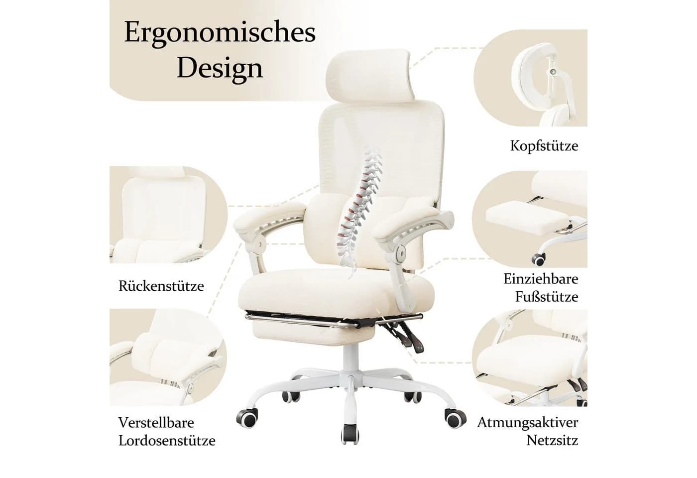UEV Bürostuhl Ergonomisch mit Fußstütze Beige Mesh - Bild 5