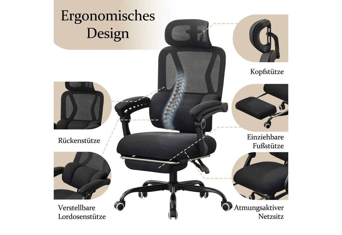 UEV Bürostuhl Ergonomisch mit Fußstütze Mesh Schwarz - Bild 5