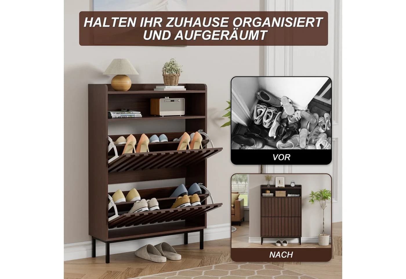 UEV Schuhschrank 2 Klappen Platzsparend Holzwerkstoff Braun - Bild 5