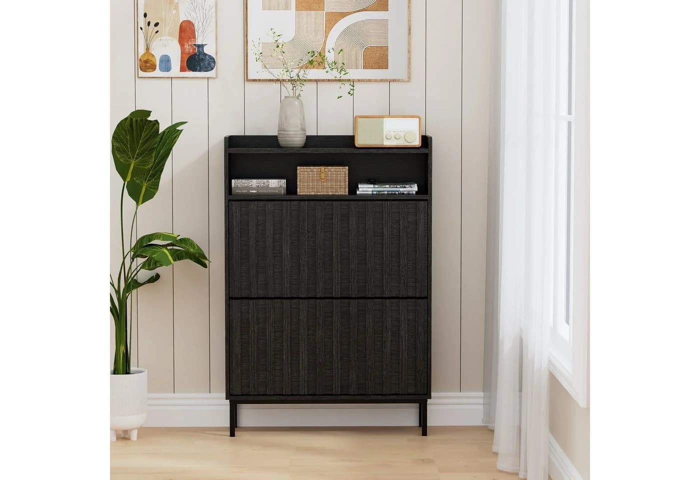 UEV Schuhschrank 2 Klappen Platzsparend Schwarz