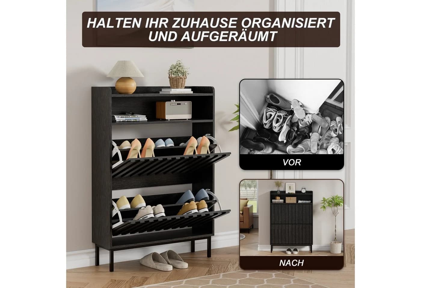 UEV Schuhschrank 2 Klappen Platzsparend Schwarz - Bild 4
