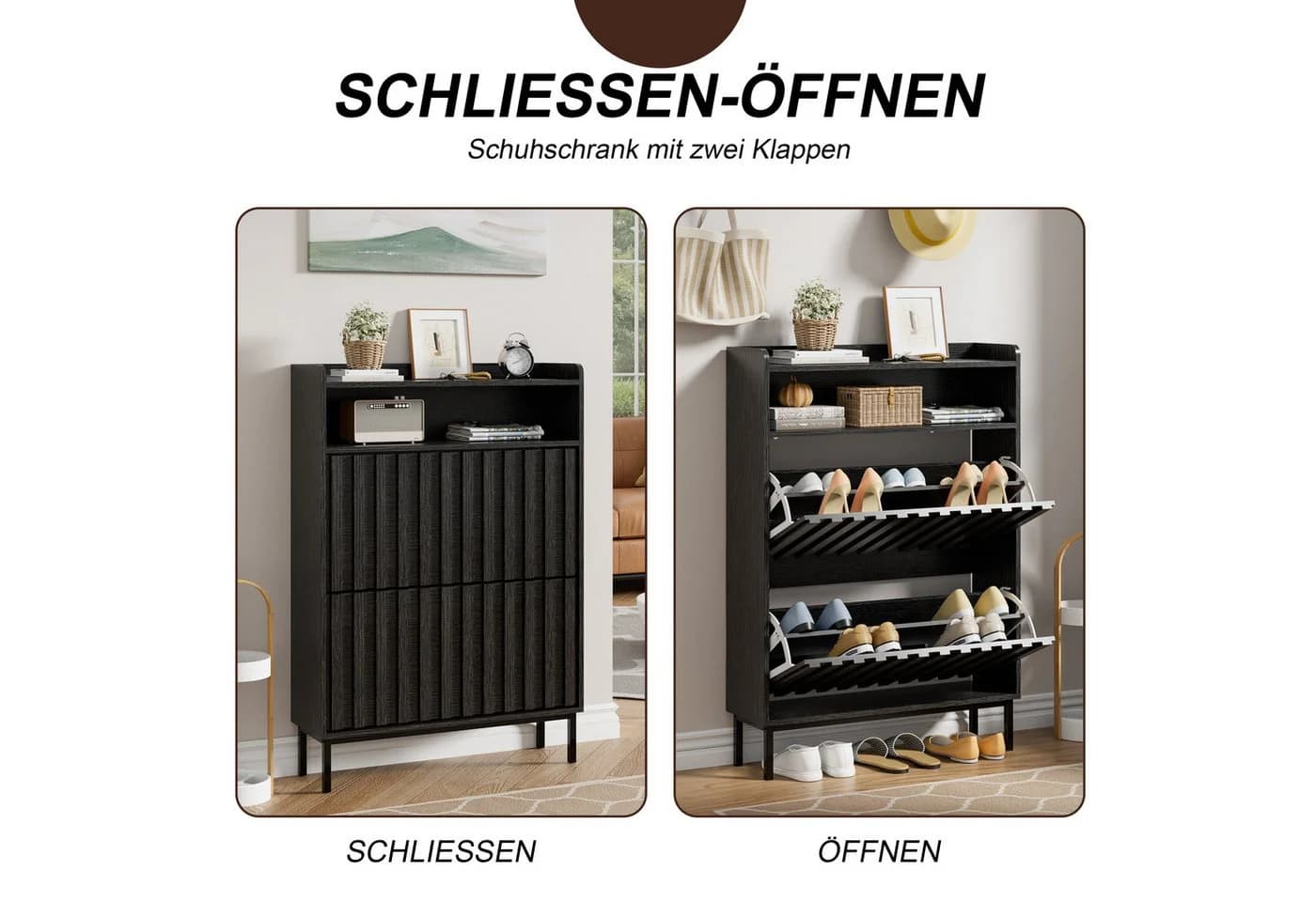 UEV Schuhschrank 2 Klappen Platzsparend Schwarz - Bild 5