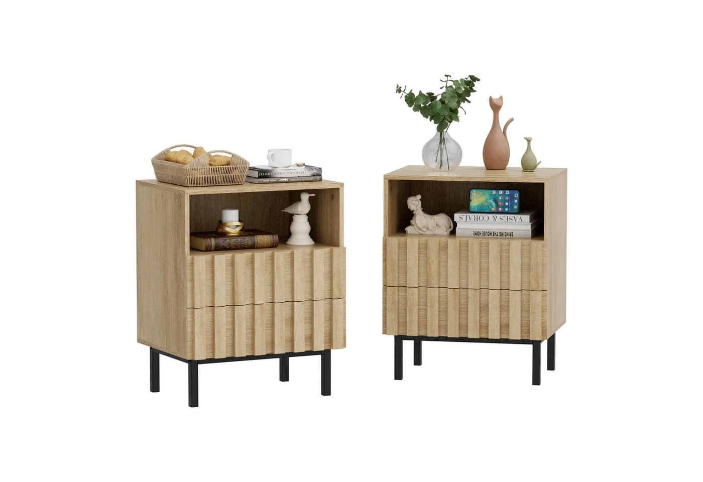 UEV Nachtschrank 2er Set Beige Nachttisch mit 2 Schubladen - Bild 2