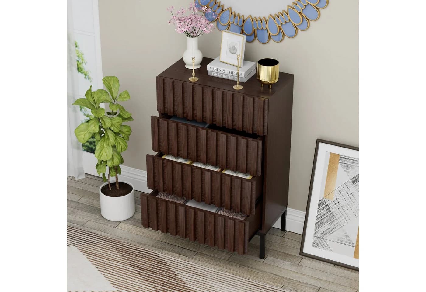 UEV Kommode mit 4 Schubladen, Sideboard, Schubladenschrank, Schmal Kommode aus Holz - Bild 3