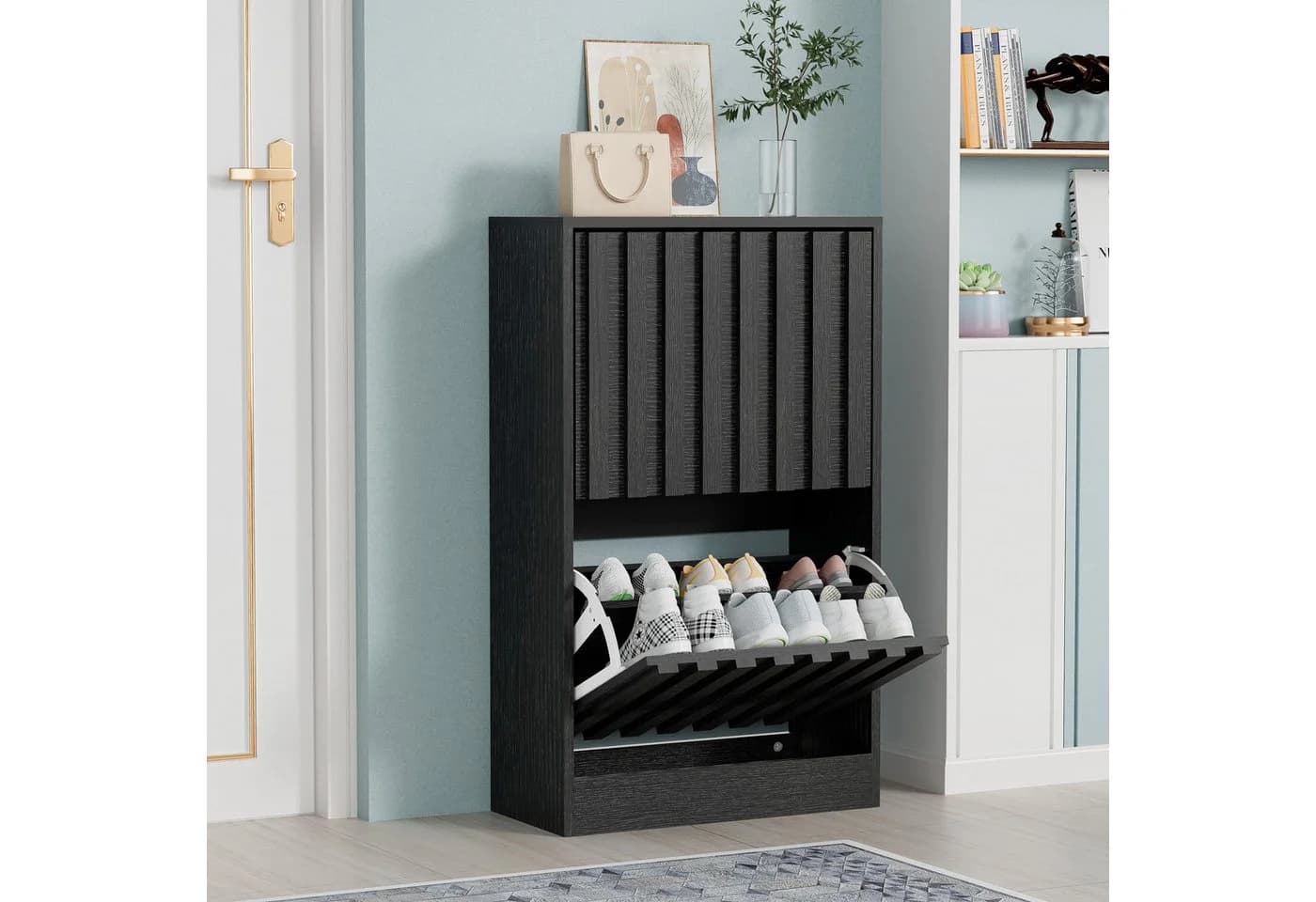 UEV Schuhschrank 2 Klappen Schwarz Holzwerkstoff - Bild 3