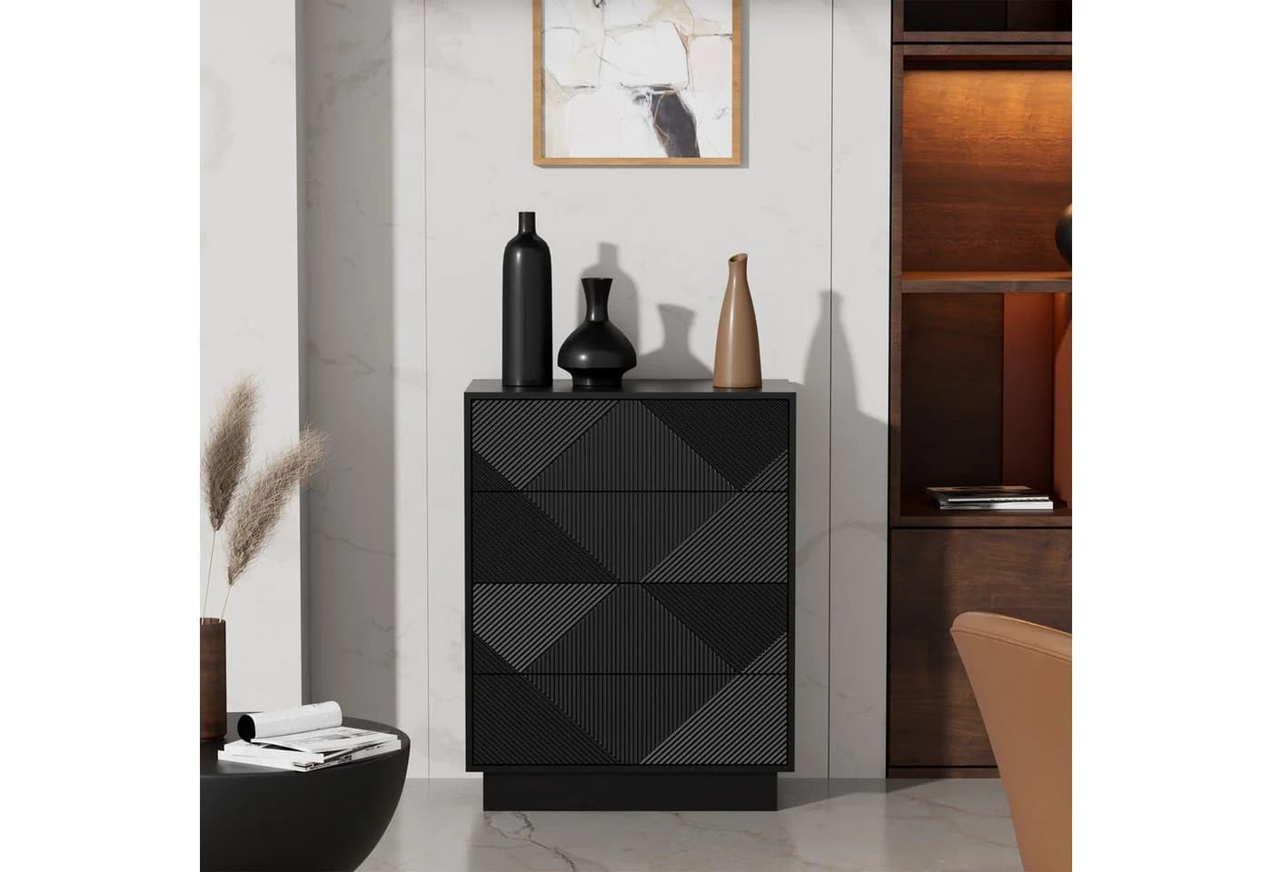 UEV Kommode 4 Schubladen Schwarz Geometrisches Muster
