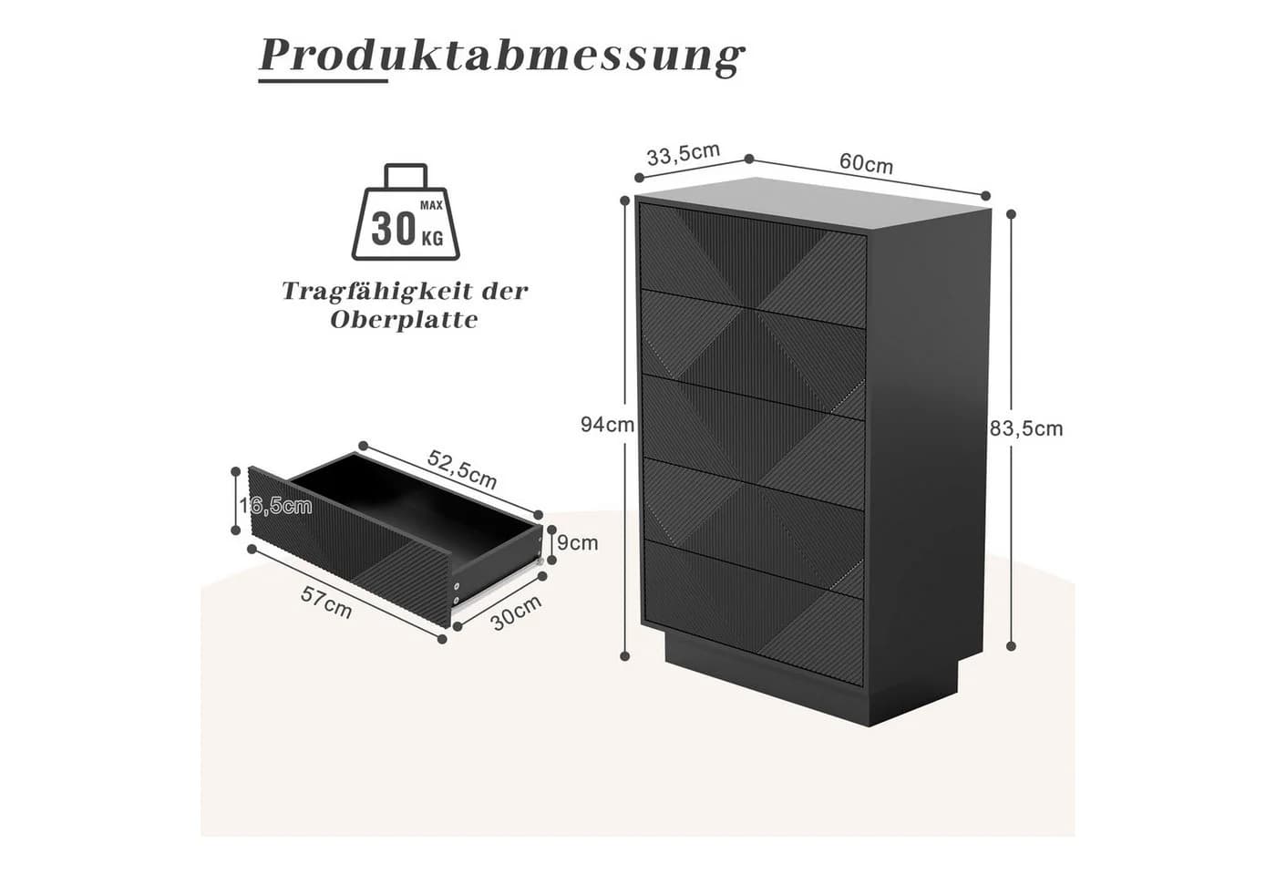 UEV Kommode mit 5 Schubladen Schwarz Holzwerkstoff - Bild 3