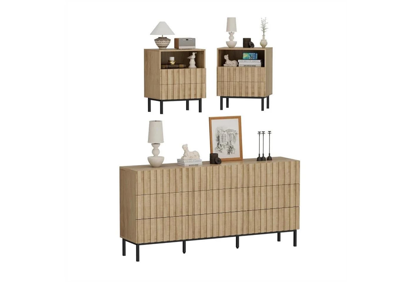 UEV Schlafzimmer-Set 3er-Set Industrial Stil Kommode 9 Schubladen 2 Nachttische - Bild 2