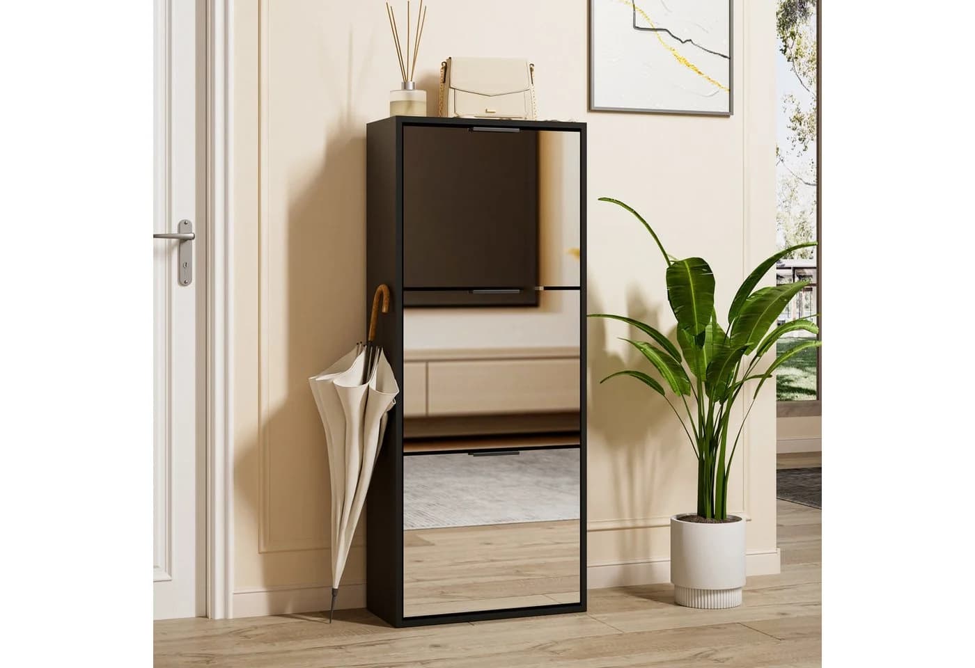 UEV Schuhschrank Spiegelschuhschrank schmal 3 Klappen Schwarz Holzwerkstoff