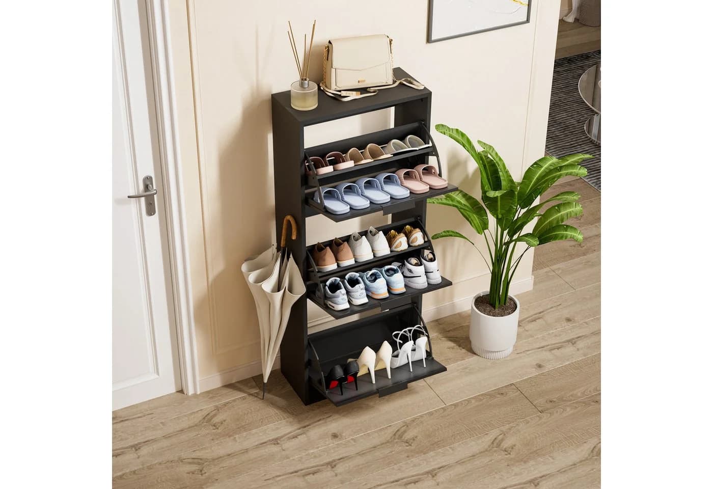UEV Schuhschrank Spiegelschuhschrank schmal 3 Klappen Schwarz Holzwerkstoff - Bild 3