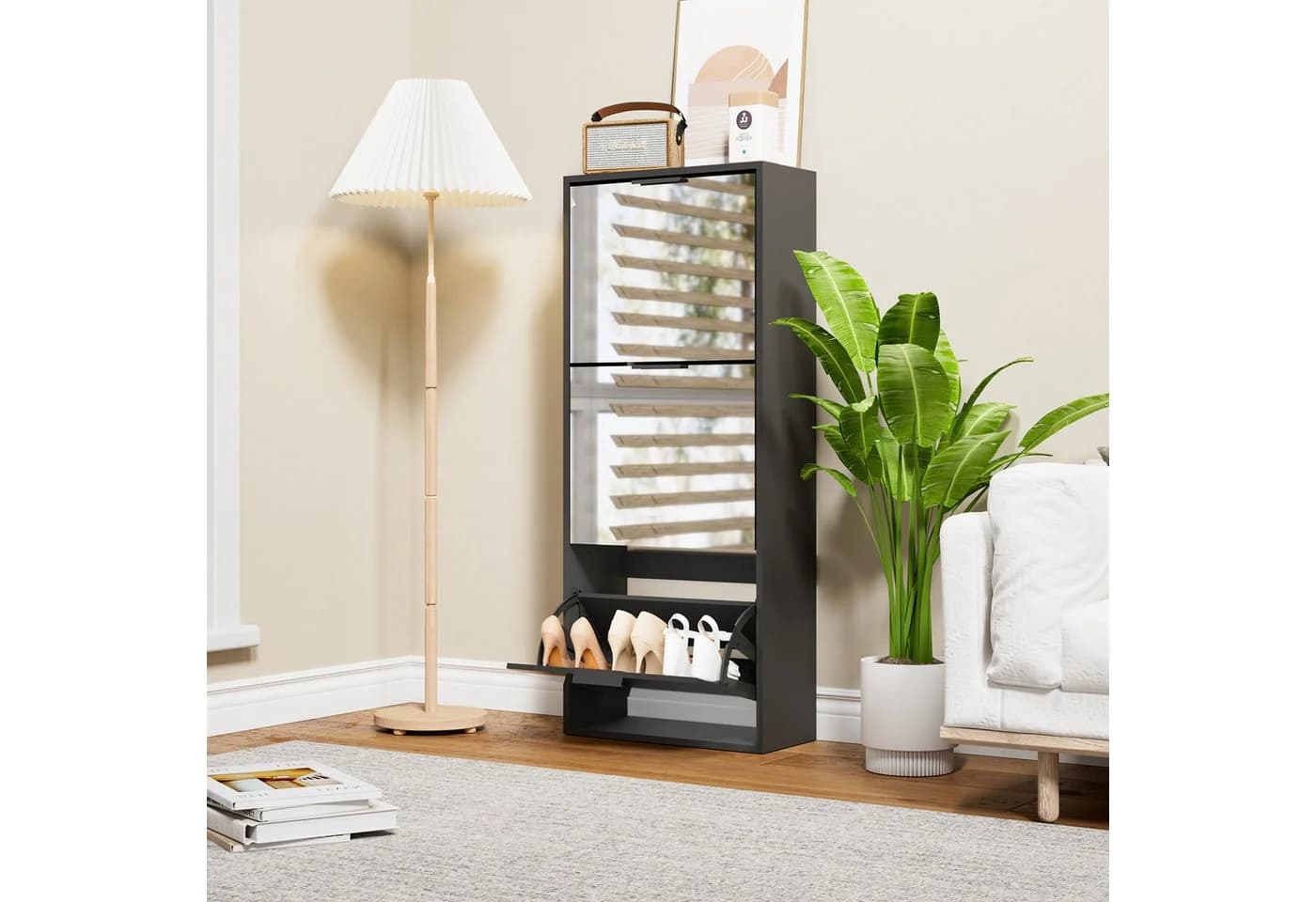 UEV Schuhschrank Spiegelschuhschrank schmal 3 Klappen Schwarz Holzwerkstoff - Bild 4