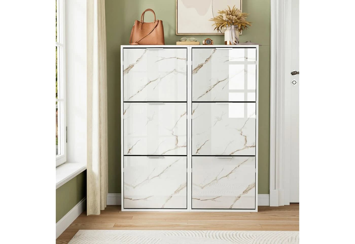 UEV Schuhschrank 3/4 Klappen Hochglanz Marmormuster Schwarz/Weiß - Bild 3