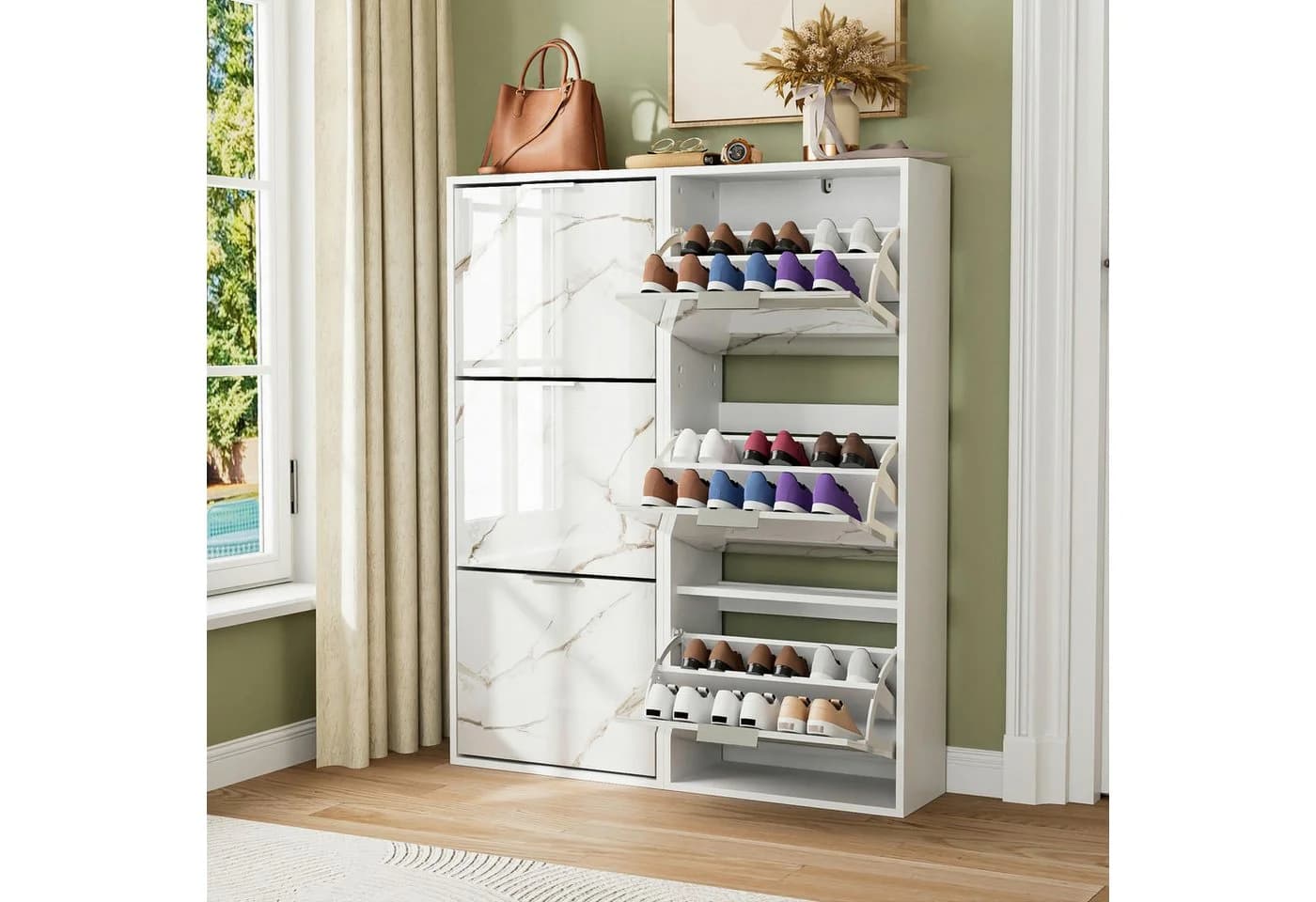 UEV Schuhschrank 3/4 Klappen Hochglanz Marmormuster Schwarz/Weiß - Bild 4