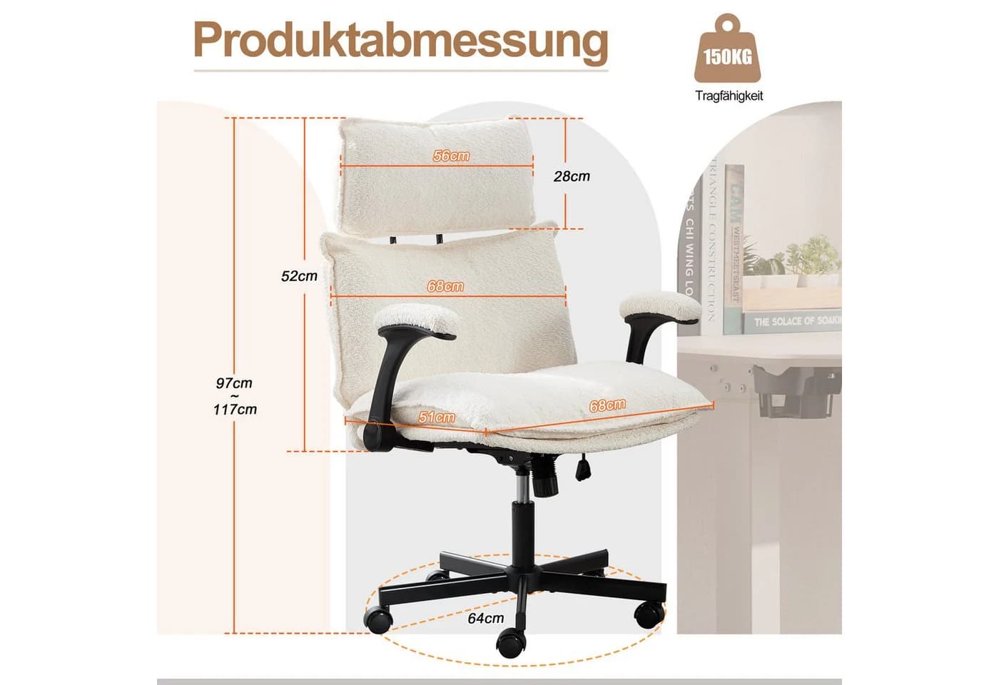UEV Bürostuhl Ergonomisch Grau/Beige Plüsch 360° Drehung - Bild 5