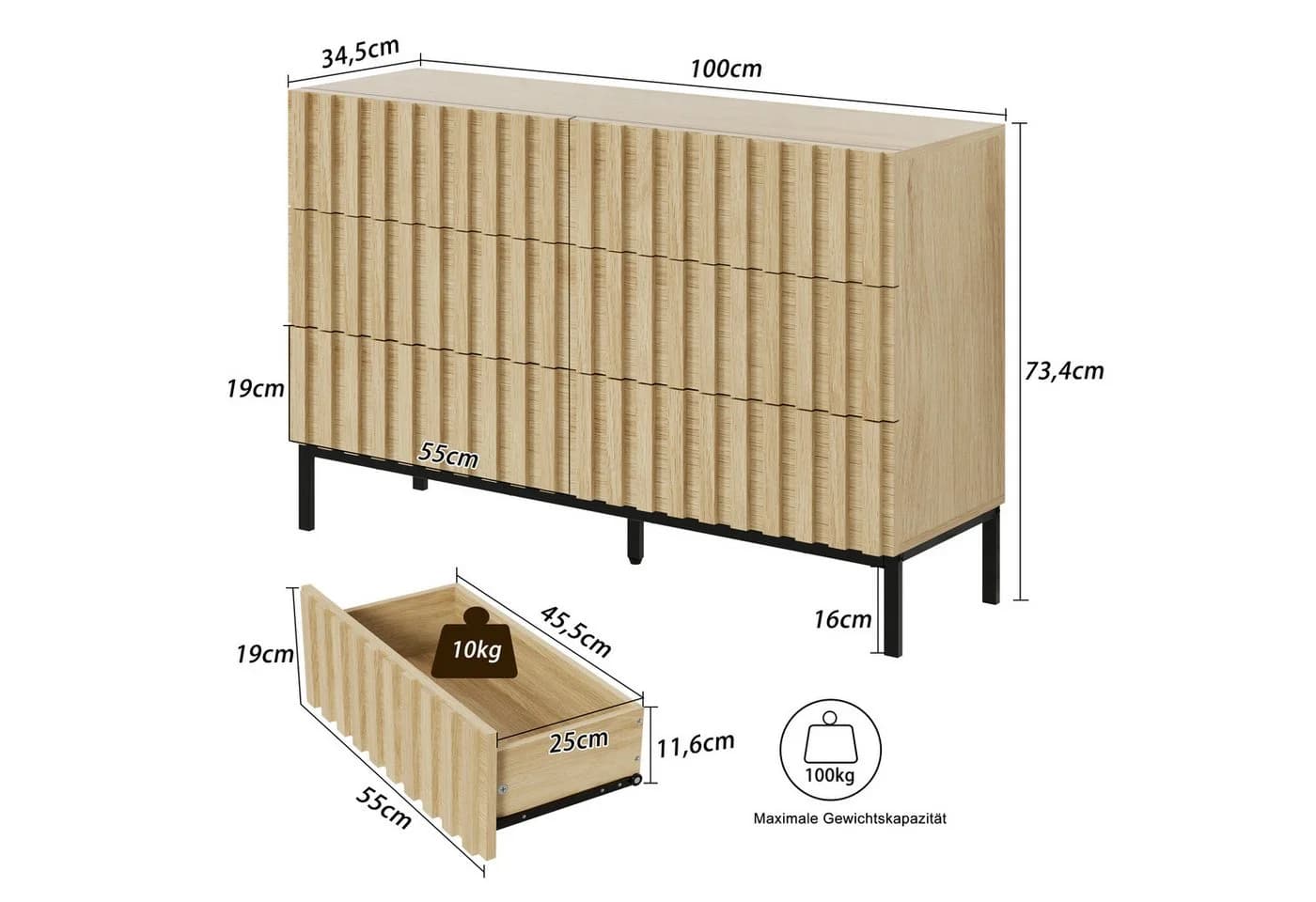 UEV Kommode 6 Schubladen Metallfüße 73,4x34,5x100cm Natur - Bild 4