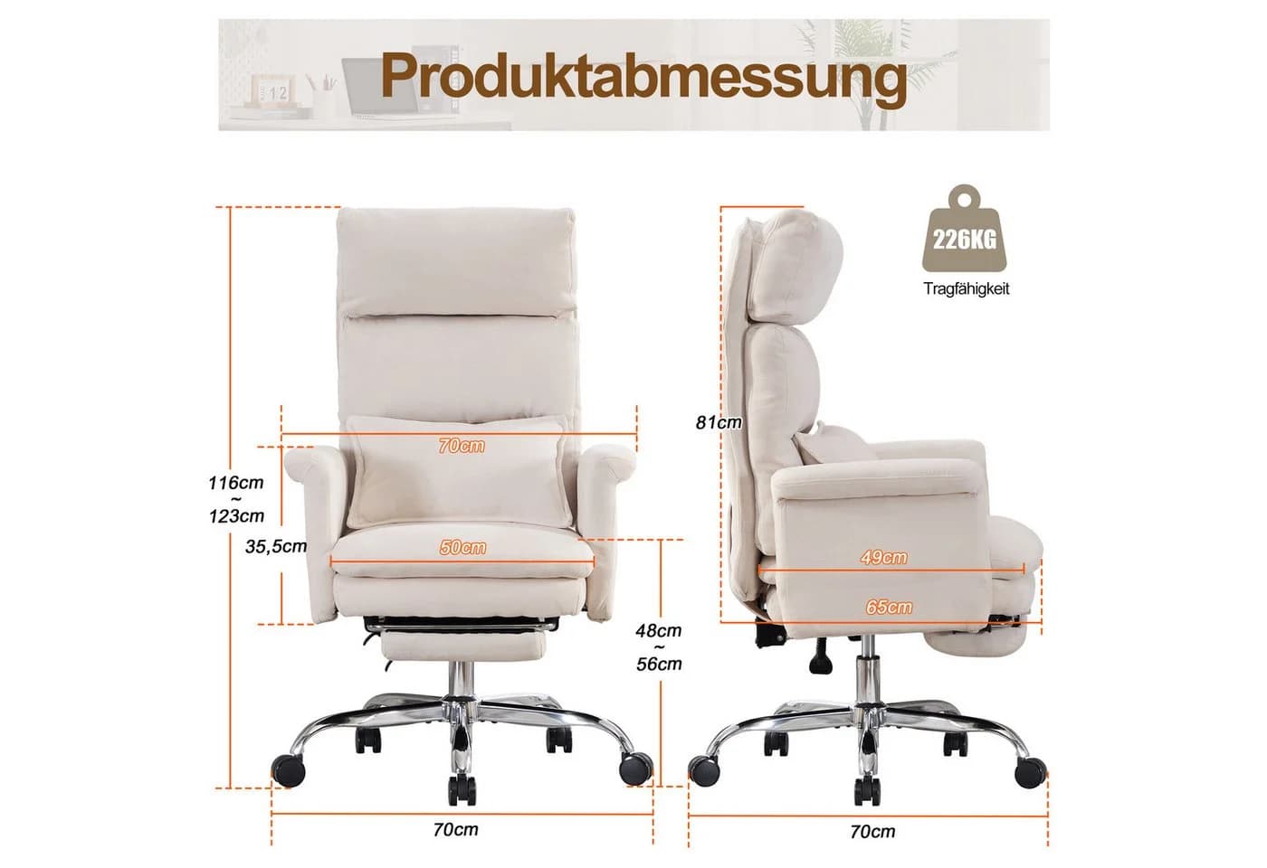 UEV Bürostuhl Ergonomisch mit Fußstütze Beige/Schwarz Mesh - Bild 4