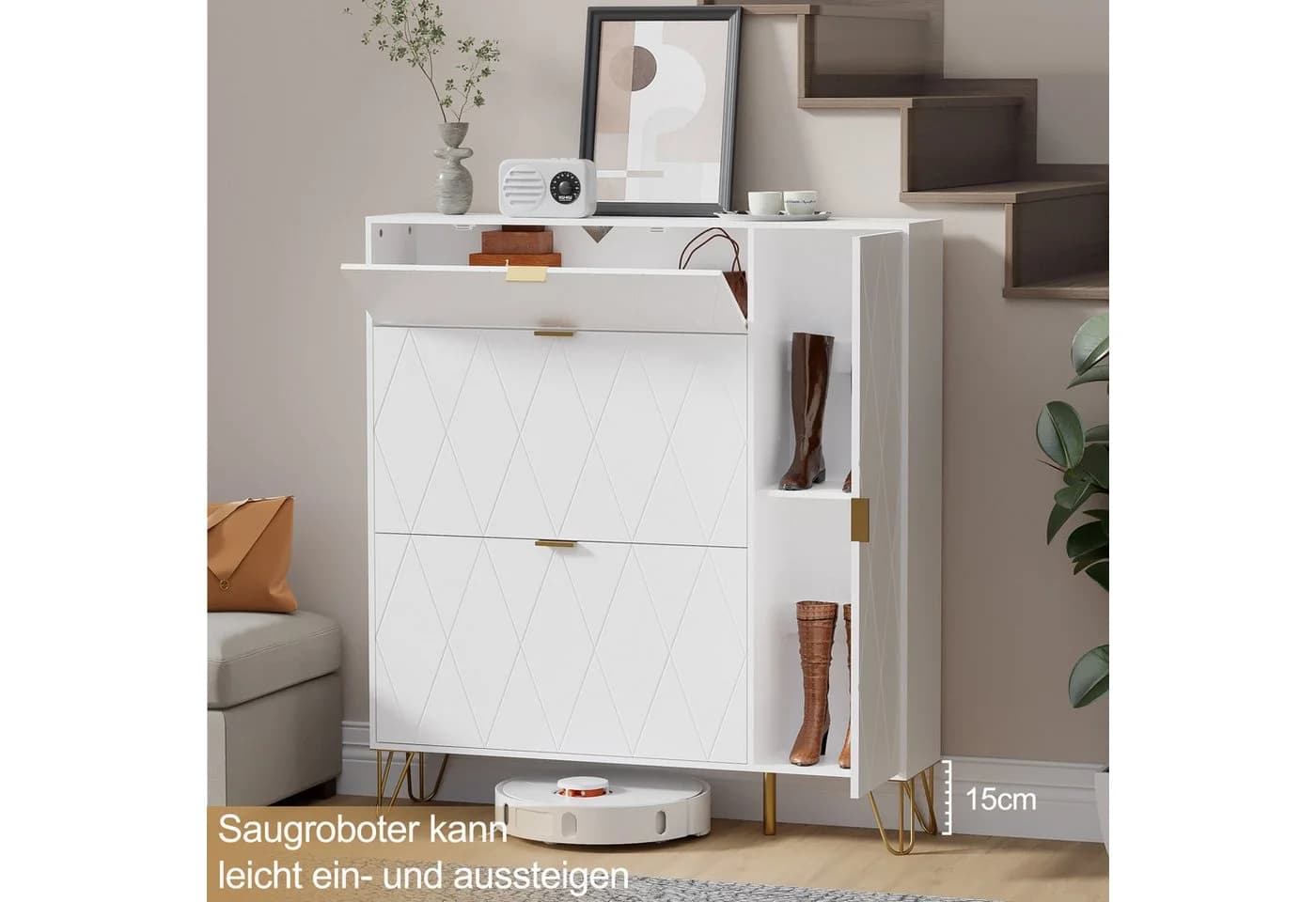 UEV Schuhschrank 4 Klappen Schmal 105x24x120cm Weiß - Bild 3