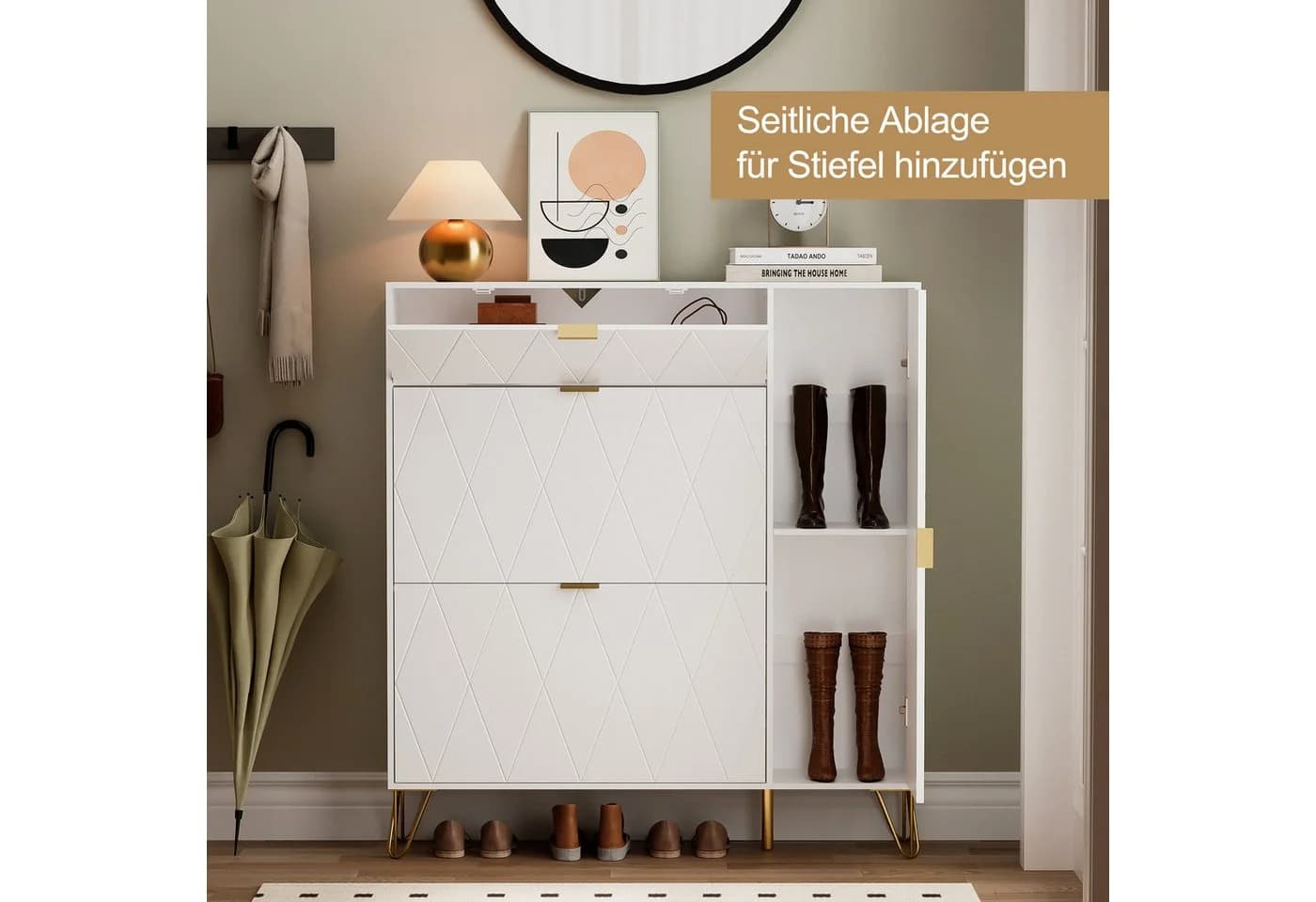 UEV Schuhschrank 4 Klappen Schmal 105x24x120cm Weiß - Bild 5