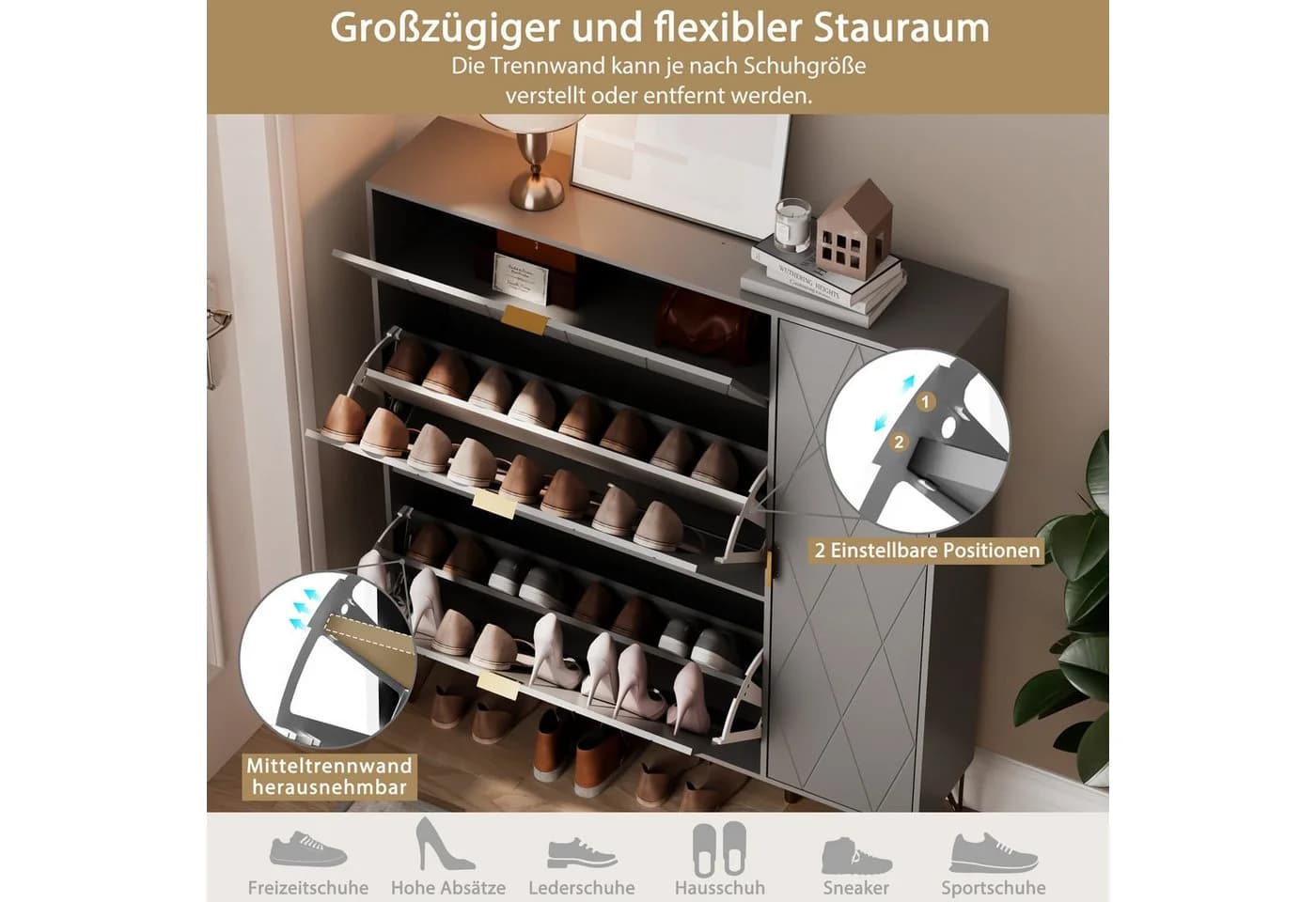 UEV Schuhschrank 4 Klappen Grau 105x24x120cm - Bild 5