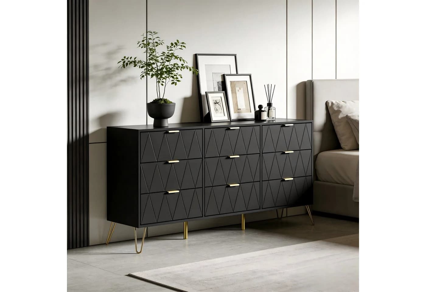 UEV Kommode 9 Schubladen Sideboard TV-Board Schwarz 150x34x74 cm