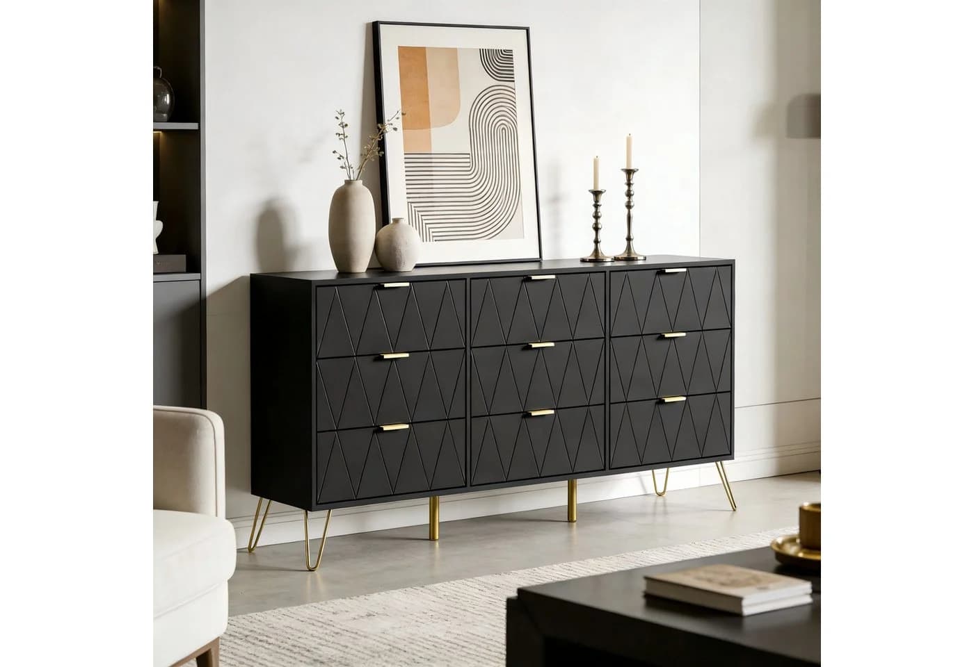 UEV Kommode 9 Schubladen Sideboard TV-Board Schwarz 150x34x74 cm - Bild 4