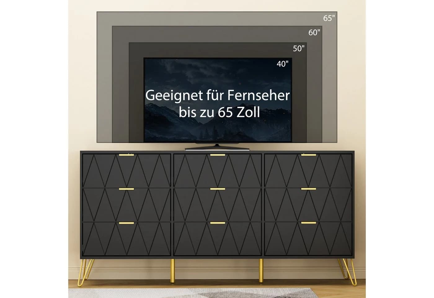 UEV Kommode 9 Schubladen Sideboard TV-Board Schwarz 150x34x74 cm - Bild 5