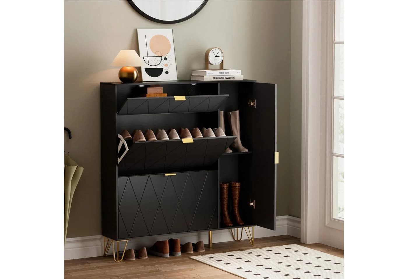 UEV Schuhschrank 4 Klappen Schwarz Gold 110x24x120cm