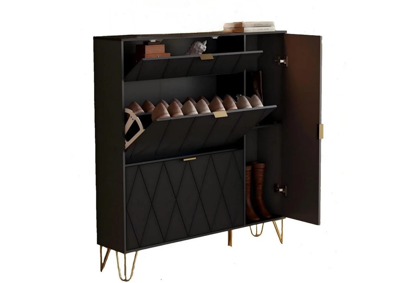 UEV Schuhschrank 4 Klappen Schwarz Gold 110x24x120cm - Bild 2