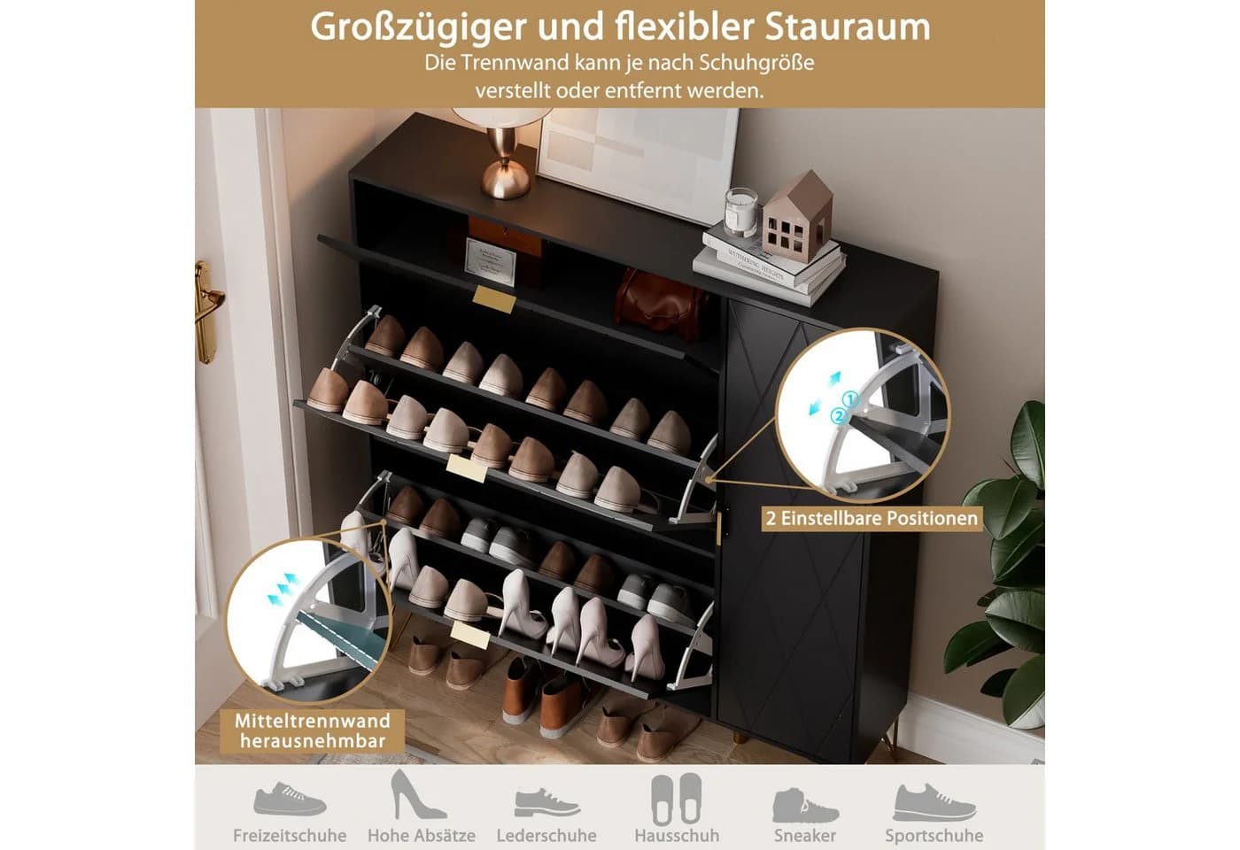 UEV Schuhschrank 4 Klappen Schwarz Gold 110x24x120cm - Bild 3