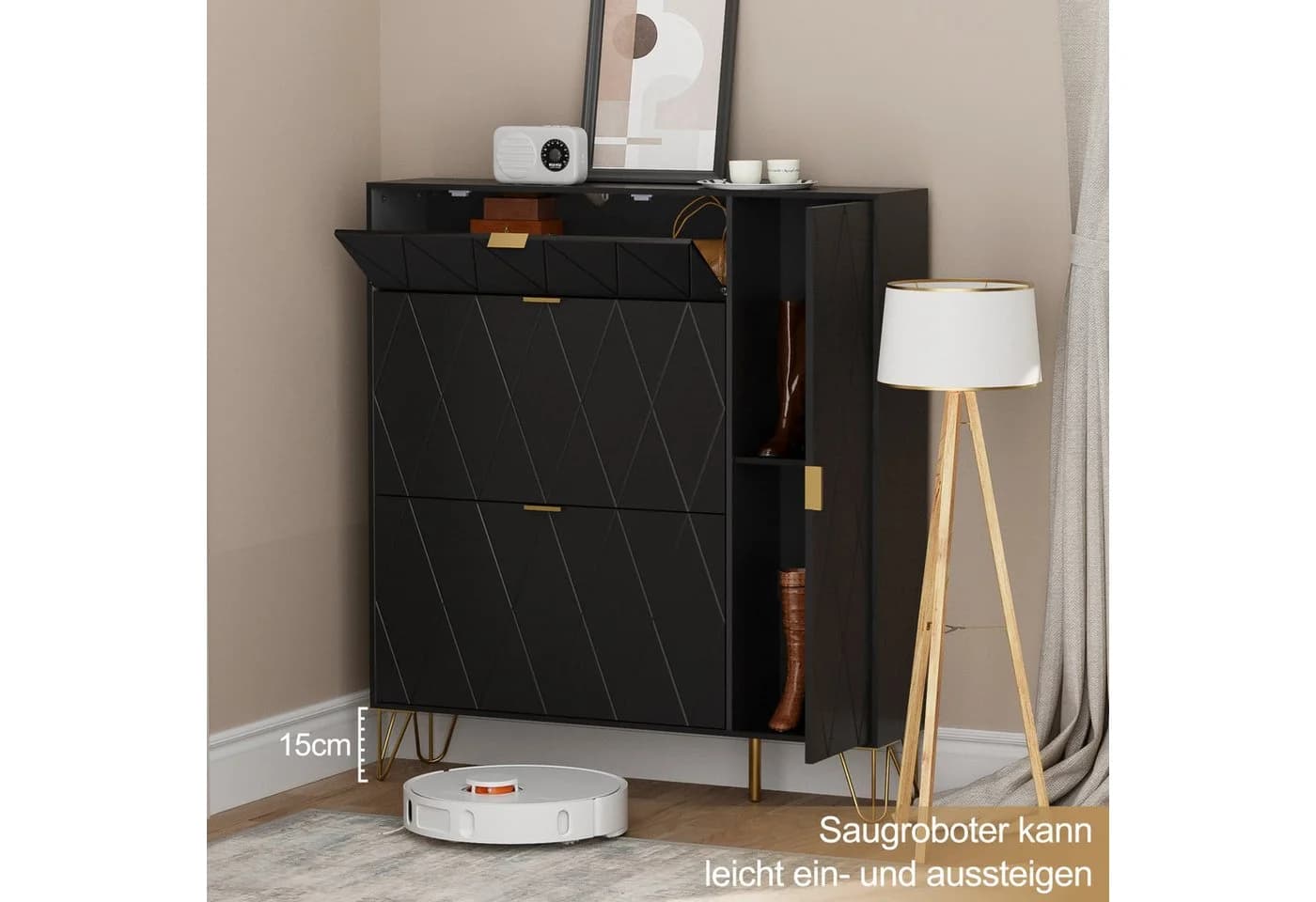 UEV Schuhschrank 4 Klappen Schwarz Gold 110x24x120cm - Bild 4