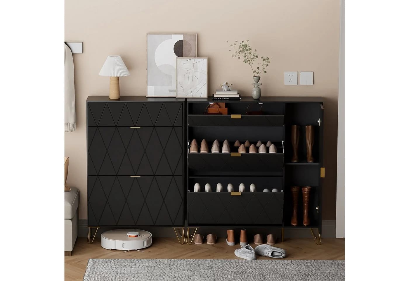 UEV Schuhschrank 4 Klappen Schwarz Gold 110x24x120cm - Bild 5