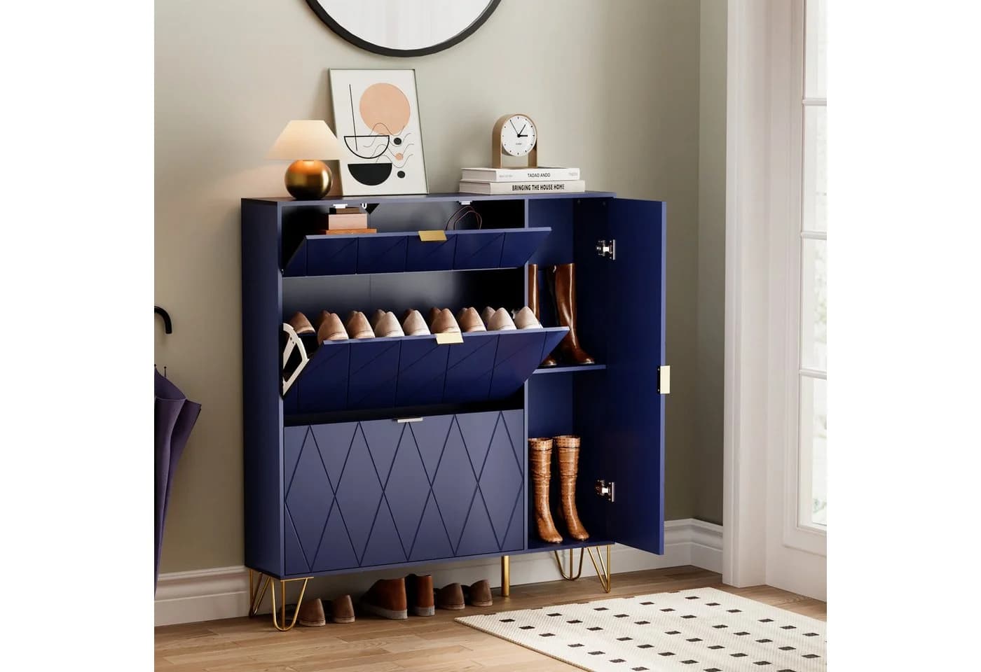 UEV Schuhschrank mit 4 Klappen 105x24x120cm Gold