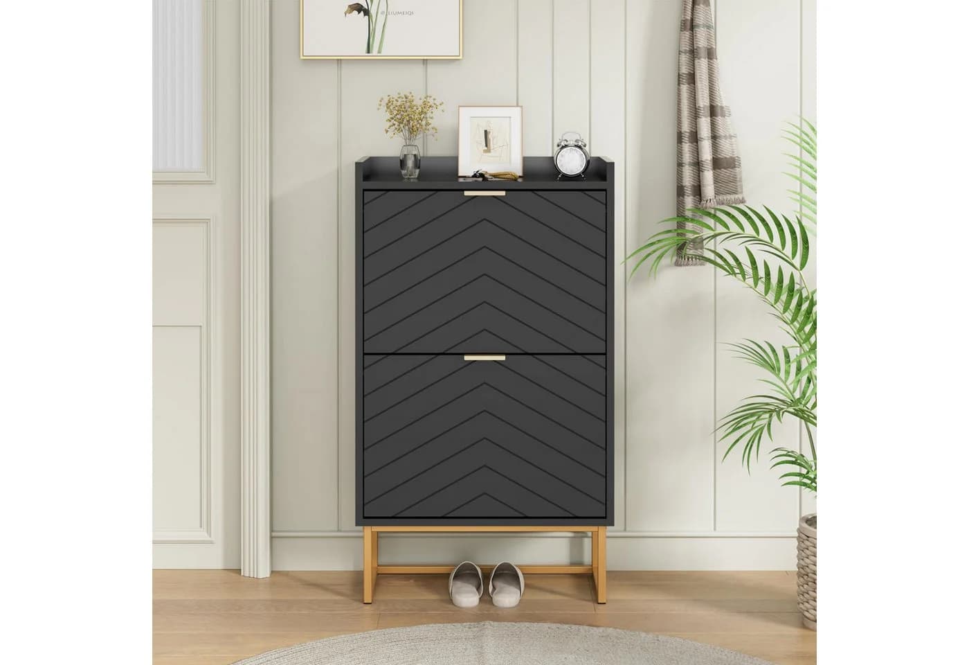 UEV Schuhschrank mit 2 Klappen, Schuhkipper Schmal, Schuhregal mit Metallfüße