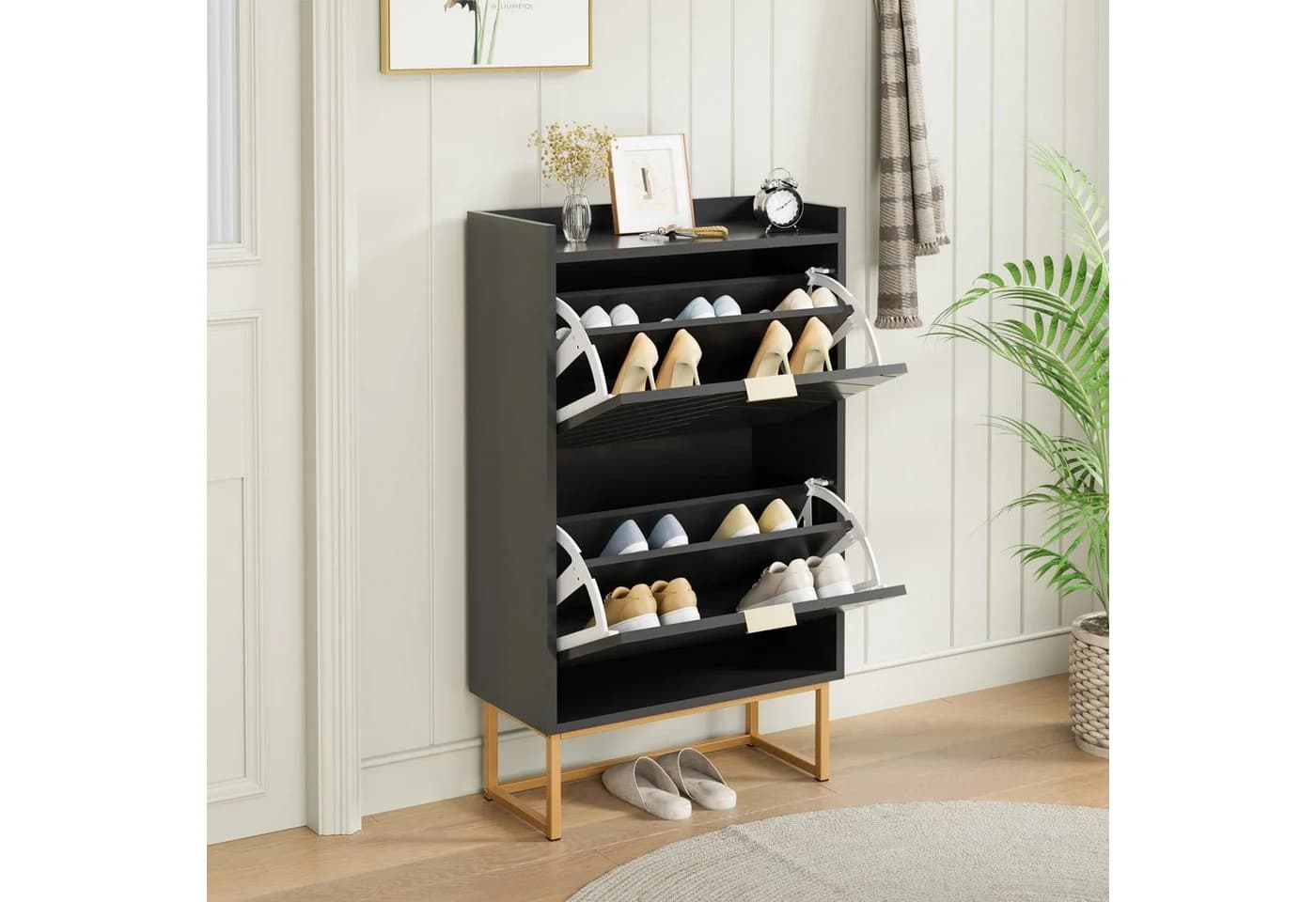 UEV Schuhschrank mit 2 Klappen, Schuhkipper Schmal, Schuhregal mit Metallfüße - Bild 4