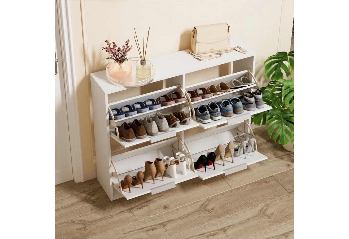UEV Schuhschrank mit 4 Klappen & Spiegel Weiß/Schwarz - Bild 3