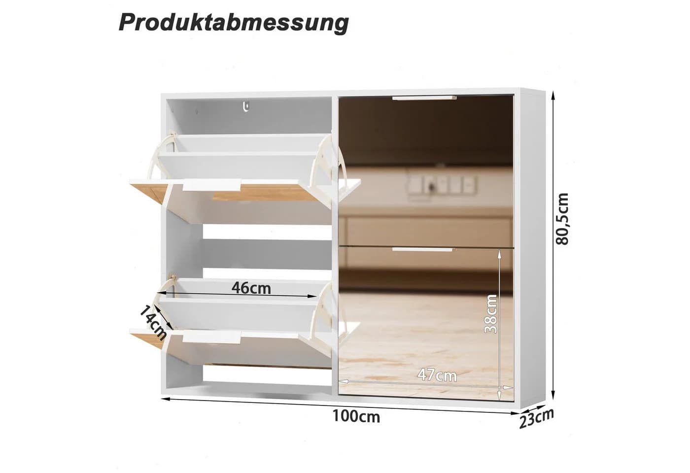 UEV Schuhschrank mit 4 Klappen & Spiegel Weiß/Schwarz - Bild 5