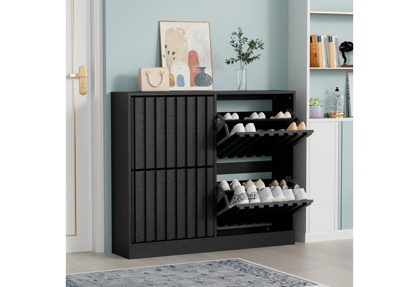 UEV Schuhschrank mit 4 Klappen, Schuhregal Schmal, Schuhkipper