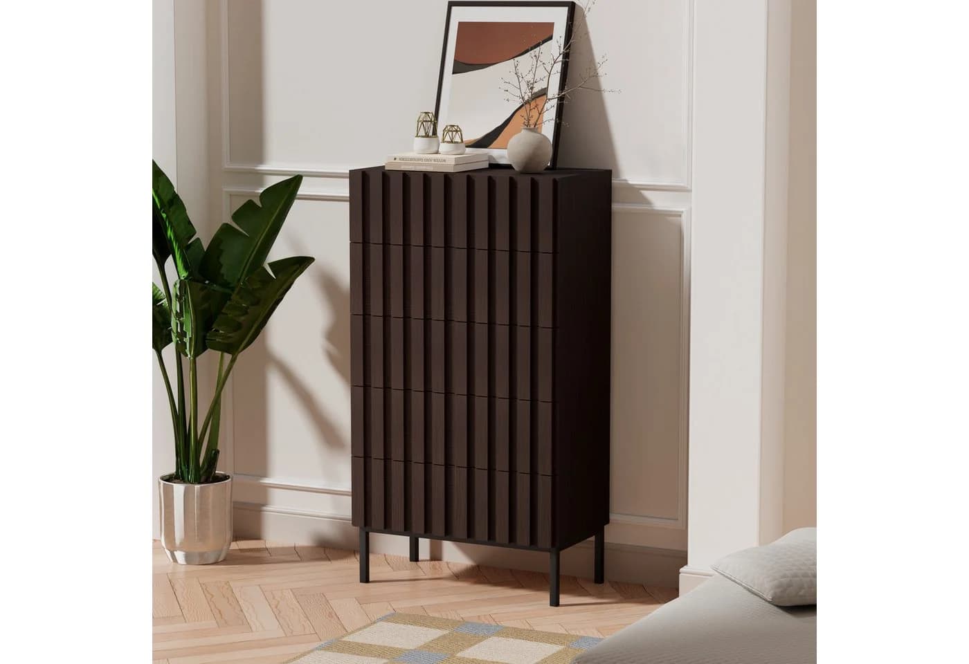 UEV Kommode mit 5 Schubladen schmal, Sideboard mit Lamellen 60 x 34 x 110cm
