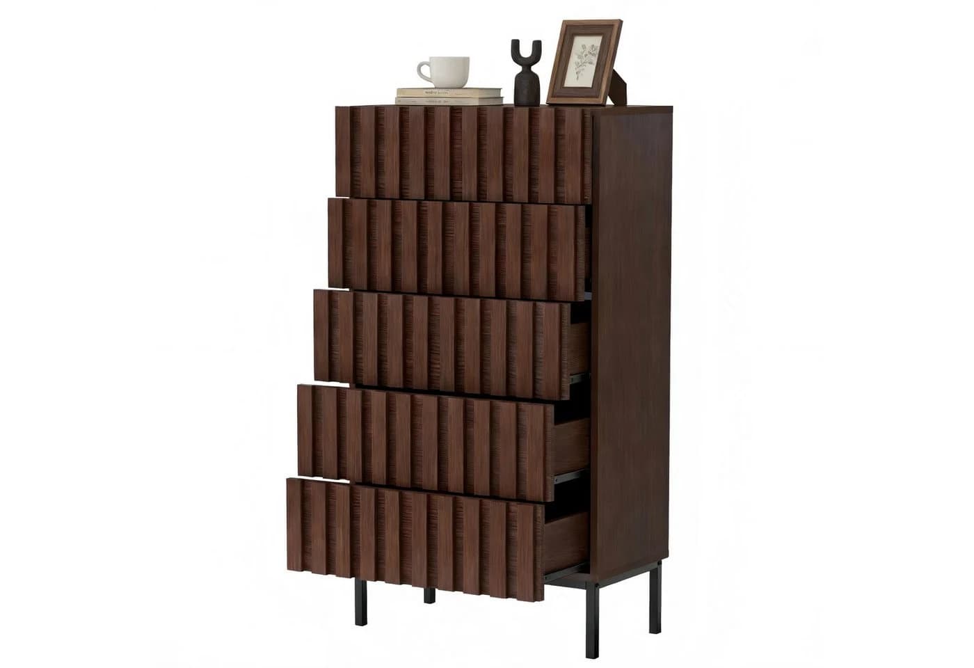 UEV Kommode mit 5 Schubladen schmal, Sideboard mit Lamellen 60 x 34 x 110cm - Bild 2