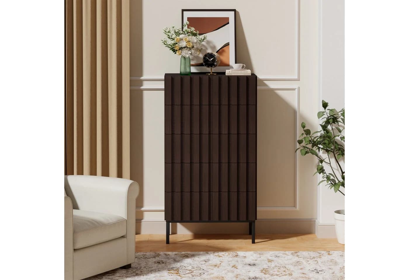 UEV Kommode mit 5 Schubladen schmal, Sideboard mit Lamellen 60 x 34 x 110cm - Bild 3