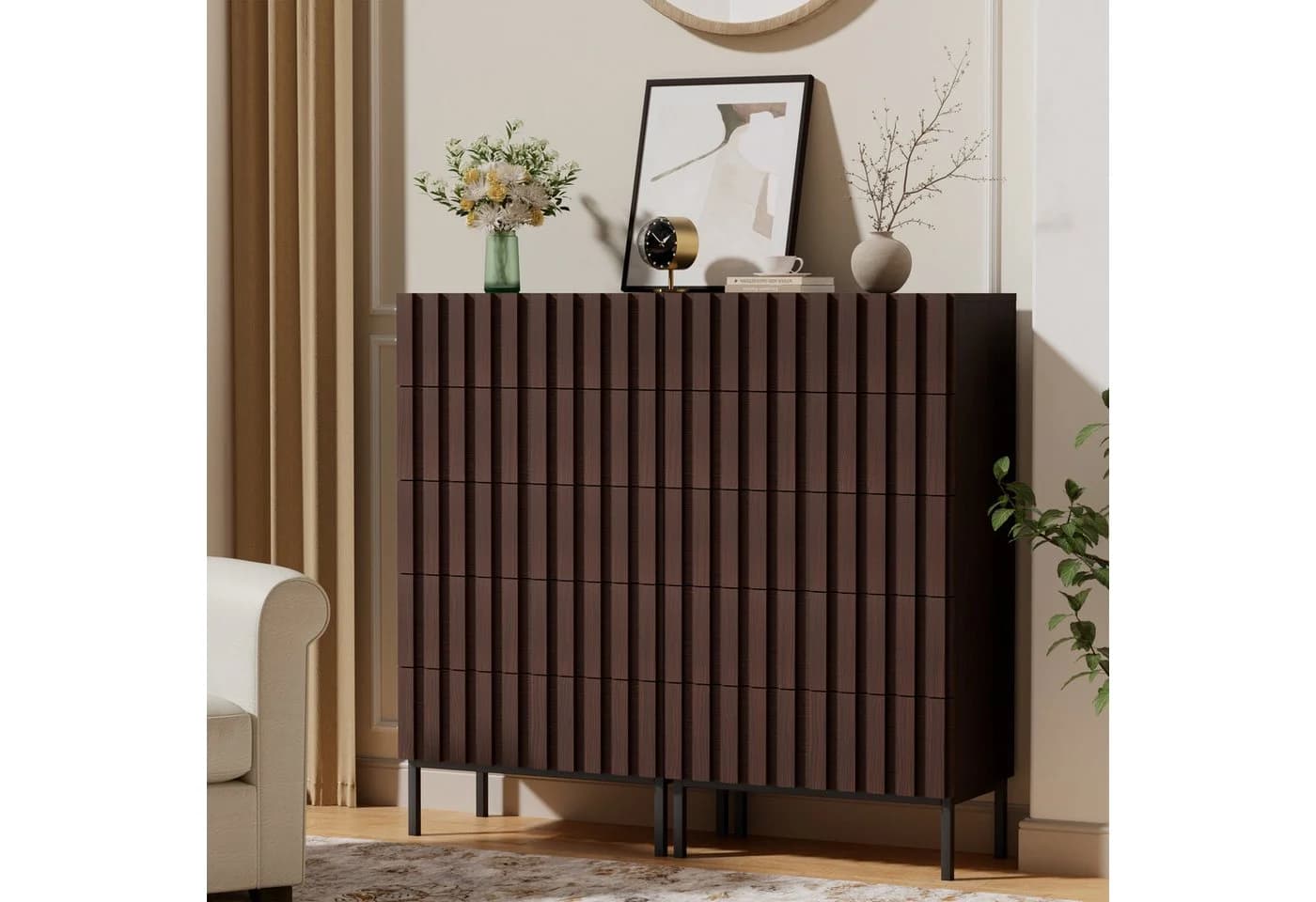 UEV Kommode mit 5 Schubladen schmal, Sideboard mit Lamellen 60 x 34 x 110cm - Bild 4