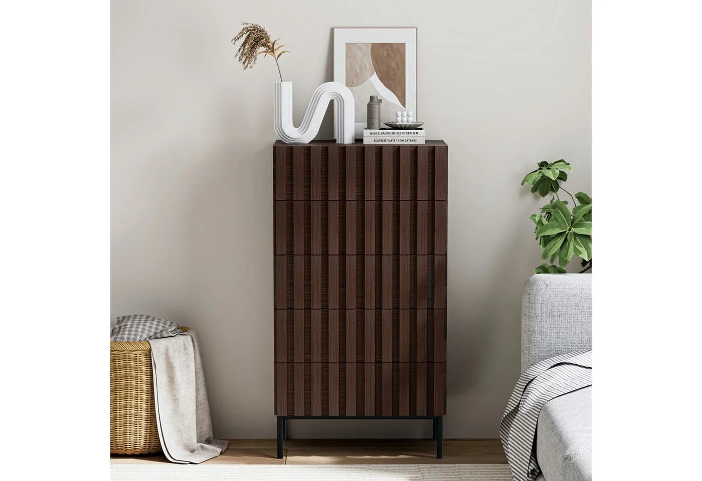 UEV Kommode mit 5 Schubladen schmal, Sideboard mit Lamellen 60 x 34 x 110cm - Bild 5